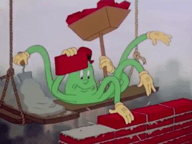 A cartoon octopus laying bricks.